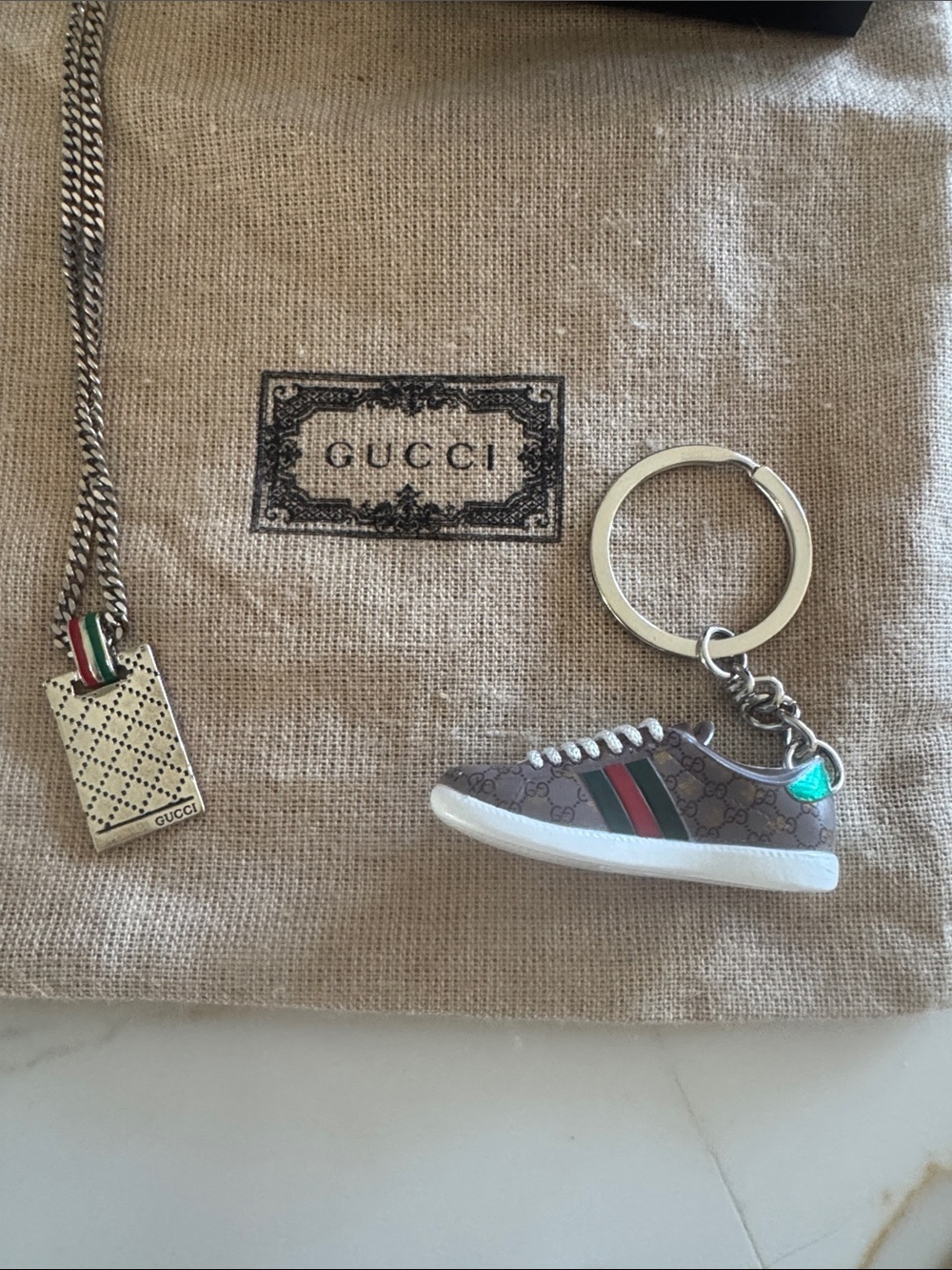 Gucci Silver-Tone  Pendant Necklace with Red-Green Stripe and keychain dust bag - Picture 4 of 7